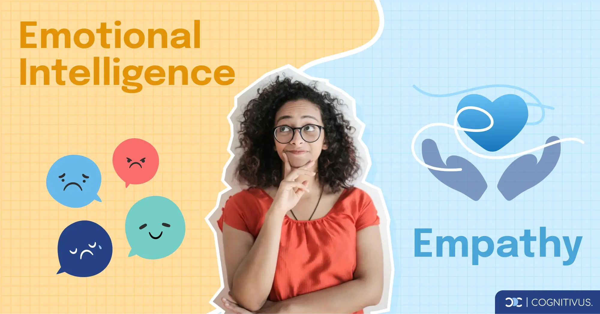 A woman pondering the differences between emotional intelligence and empathy, illustrated by emoticons and a heart