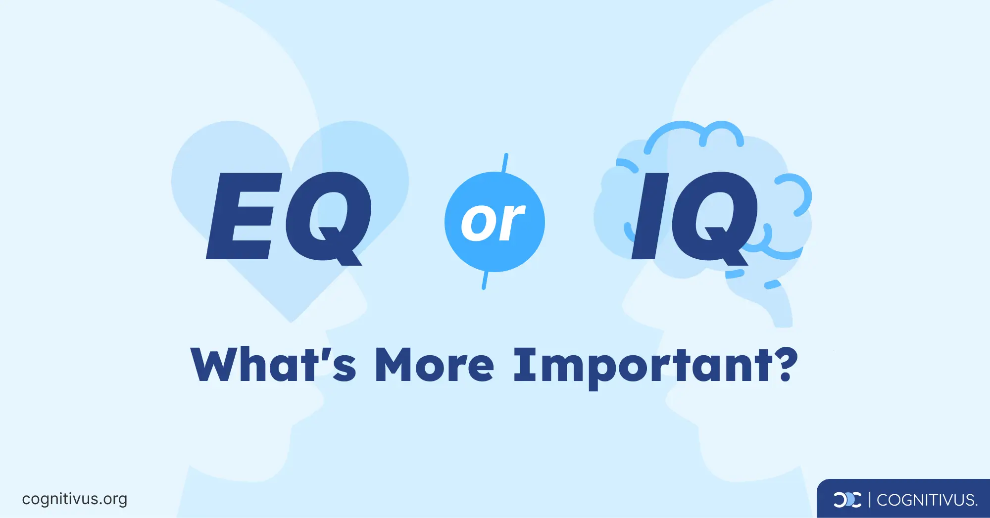 EQ or IQ comparison with silhouettes and symbols of a heart and brain, illustrating the debate on which is more important