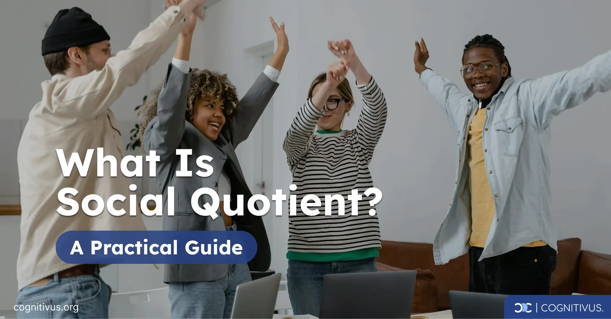 A group of people joyfully interacting, illustrating the concept of social quotient (SQ) 