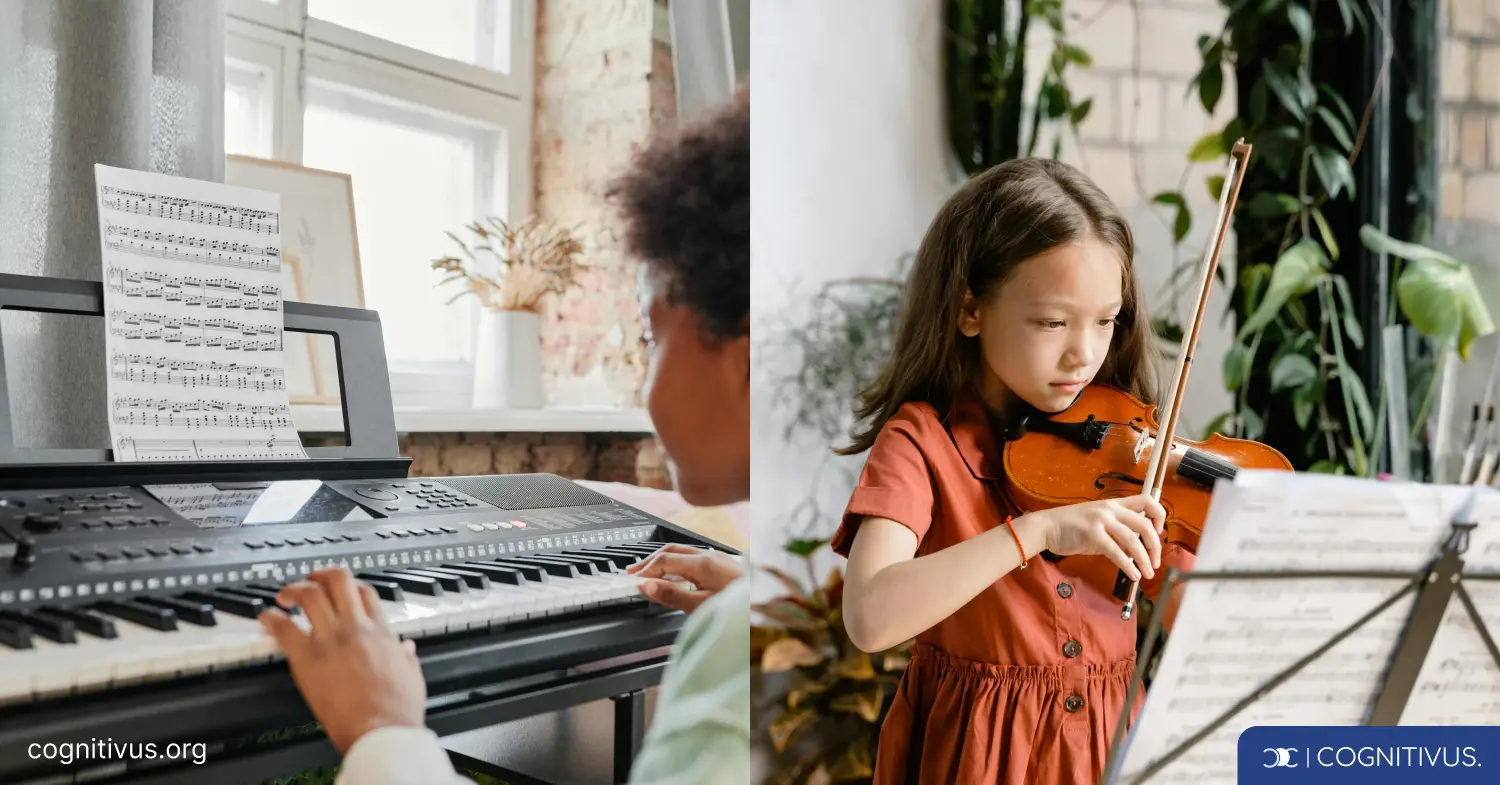 Two children practicing piano on a keyboard and violin while reading the music scores