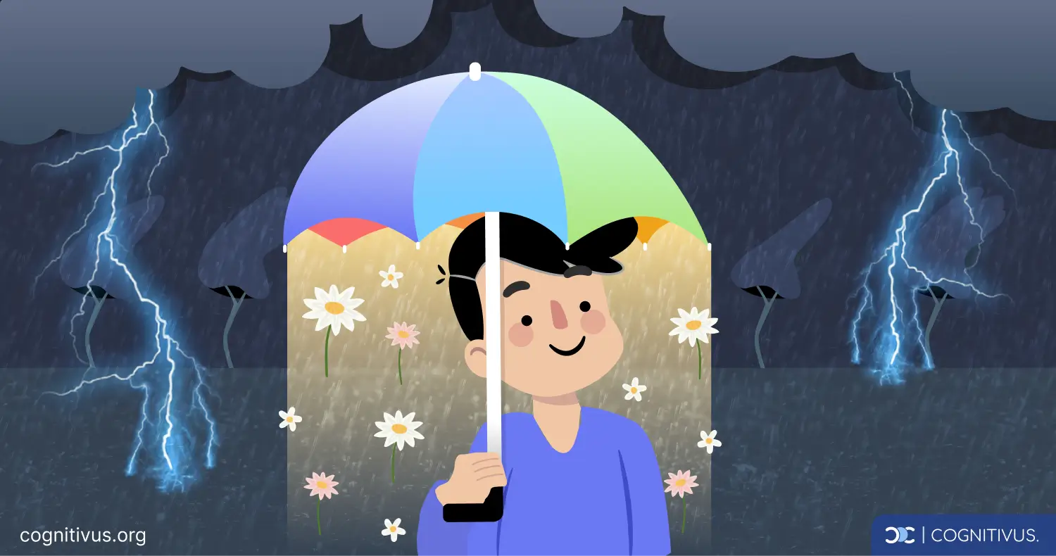 Smiling person under a colorful umbrella in a storm, representing optimism during challenging times