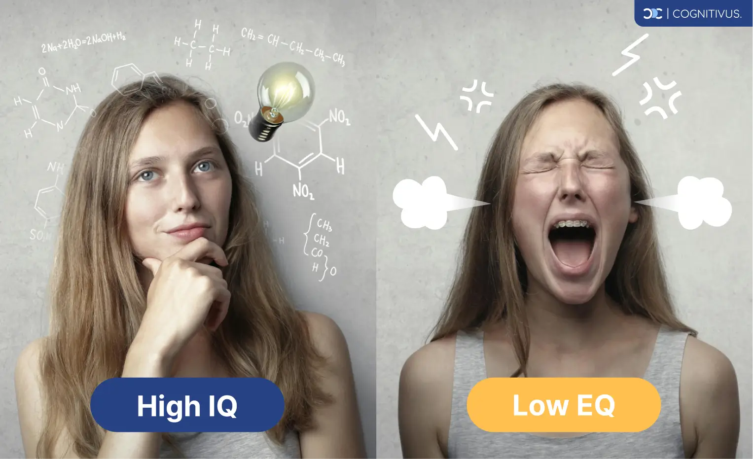 A thoughtful woman, implying a high IQ, vs the same woman yelling, implying a low EQ