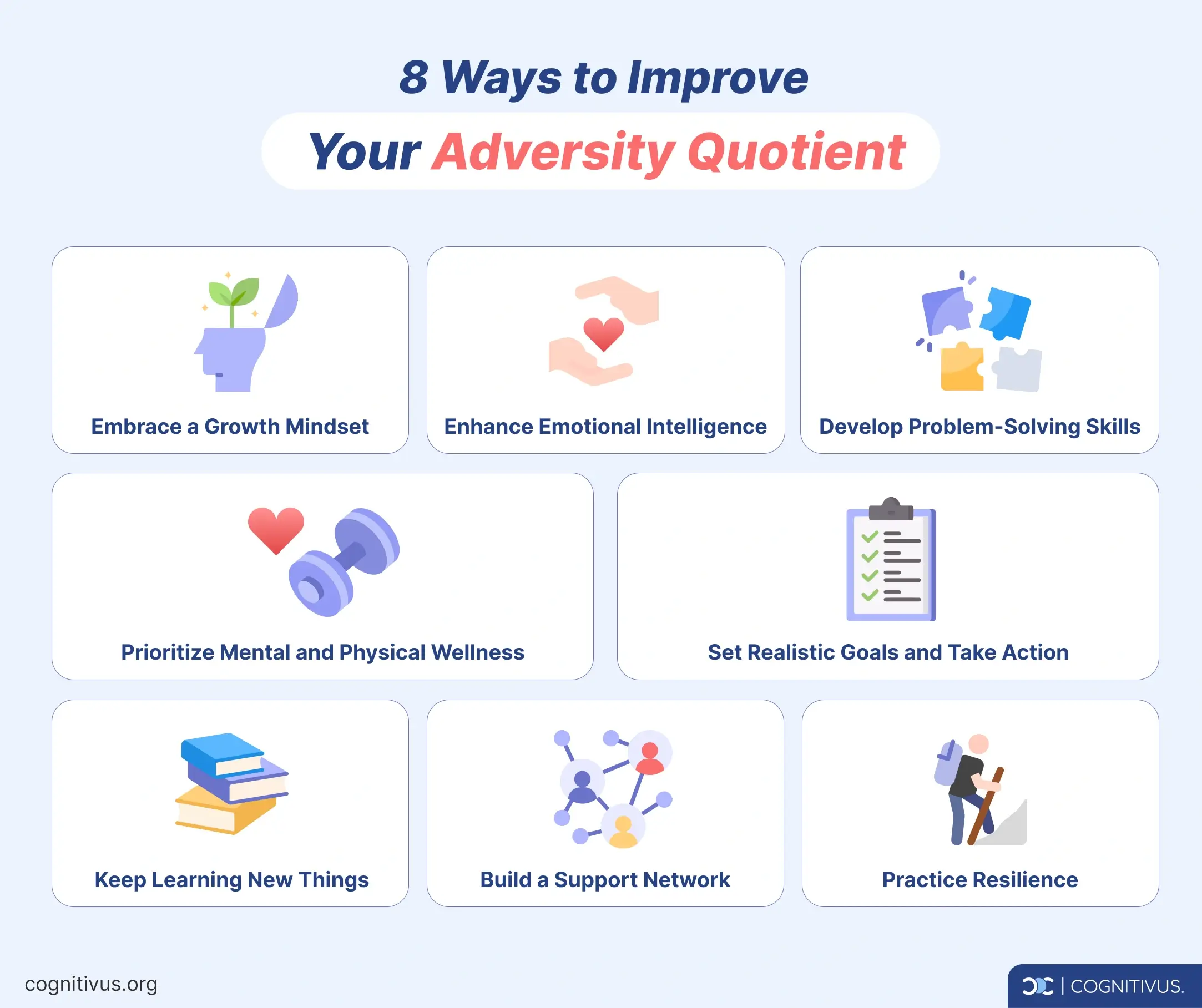 8 ways to improve your resilience and adversity quotient: growth mindset, emotional intelligence, problem-solving, wellness, goals, learning, support, resilience.