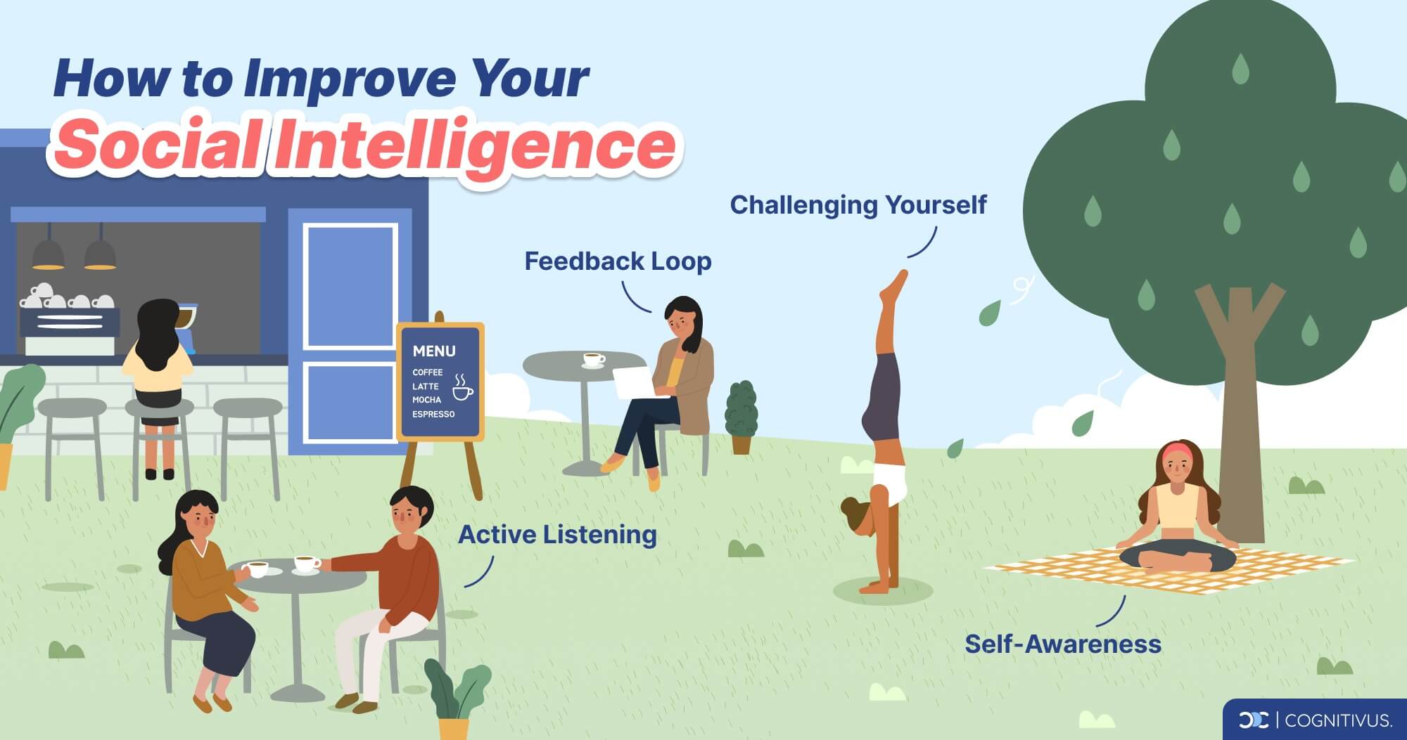 Activities to improve social intelligence: active listening, self-awareness, feedback loop, and challenging yourself